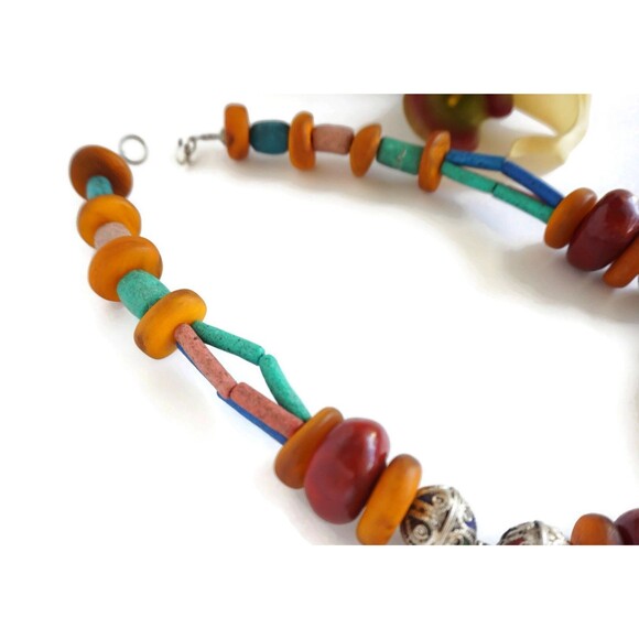 Berber Coin Necklace: Enamel & Copal Beads, Moroccan Tribal Style - Picture 8 of 10